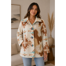 Women's Collar Three Button Grey With Brown  Aztec Plaid Jacket Coat KBS26726