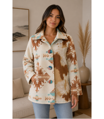 Women's Collar Three Button Grey With Brown  Aztec Plaid Jacket Coat KBS26726