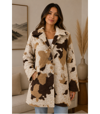 Women's Collar Single Button Cow Print Plaid Jacket Coat KBS26728