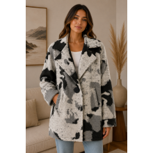 Women's Collar Single Button B/W Cow Print Plaid Jacket Coat  KBS26729