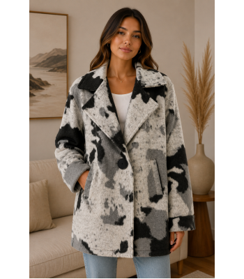 Women's Collar Single Button B/W Cow Print Plaid Jacket Coat  KBS26729
