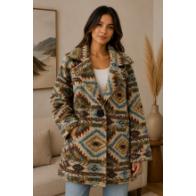 Women's Collar Single Button Brown Aztec Plaid Jacket Coat KBS26730
