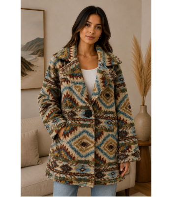 Women's Collar Single Button Brown Aztec Plaid Jacket Coat KBS26730
