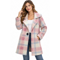 Women's Collar Single Button Light Pink Plaid Jacket Coat KBS26732