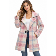 Women's Collar Single Button Light Pink Plaid Jacket Coat KBS26732