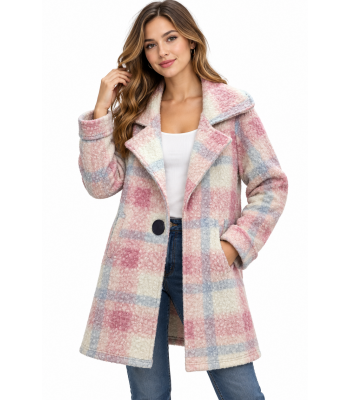 Women's Collar Single Button Light Pink Plaid Jacket Coat KBS26732