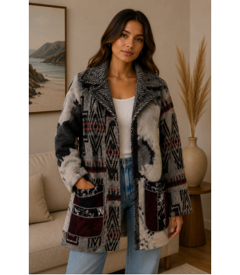 Women's Collar Four Button Cow Print  Aztec Jacket Coat KBS26736