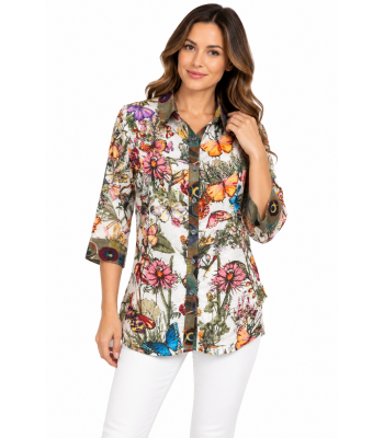 Floral Butterfly Button Down 3/4 Slv Shirt KCT25011