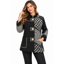 Women's Black and White Round Neck Three Button Pocket Jacket  KCT26893