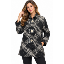 Women's Grey Black Multi Three Button Calico Jacket KCT26894