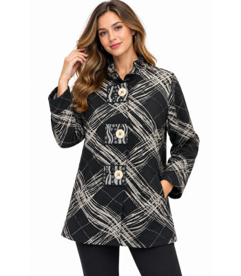 Women's Grey Black Multi Three Button Calico Jacket KCT26894