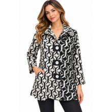 Women's Black and white Floral Crinkle Three Button Snowball Jacket  KCT26895