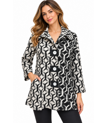 Women's Black and white Floral Crinkle Three Button Snowball Jacket  KCT26895