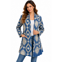 Cotton   Dimond cut  blue denim  lace  print  floral  open front Cardigan KD26133
