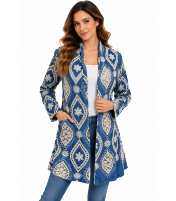 Cotton   Dimond cut  blue denim  lace  print  floral  open front Cardigan KD26133