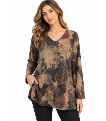 Women's Forest Dark Tap Slv V neck Tunic Top  KH26700