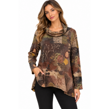 Women's Tree of Life Cowl Neck Back Button Decorated Tunic Top  KH26701