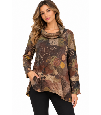 Women's Tree of Life Cowl Neck Back Button Decorated Tunic Top  KH26701