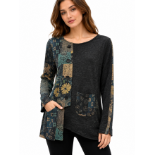 Women's Asymmetrical Floral Cut Pocket Two Tone Top  KH26706