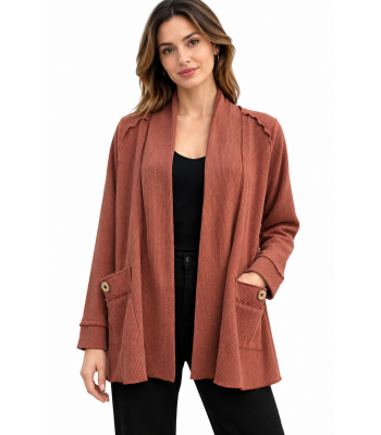 Women's Brown Two Button Decorative Pocket Open Front Jacket Cardigan KH26710