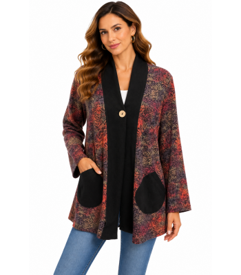 Women's Multi Color Red Wood Singe Button Open Front Jacket Cardigan KH26713