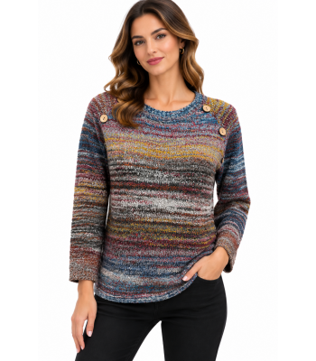Women's Blue Multi Button Decorative Round Neck Sweater Top KM26877