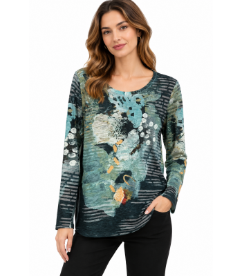 Women's Abstract Water Color Floral Round Neck Top  KJ26797