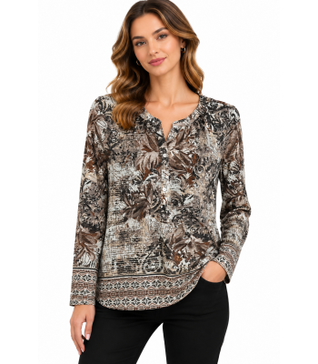 Women's Brown Floral V Neck Top KJ26804