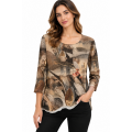 Women's Brown Abstract Art Round Neck Top  KJ26805