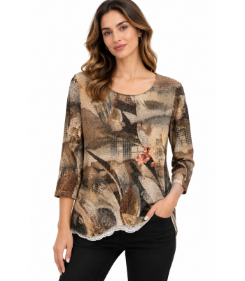 Women's Brown Abstract Art Round Neck Top  KJ26805