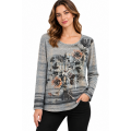 Women's Grey Multi Flower Watercolor Artistic Top  KJ26806
