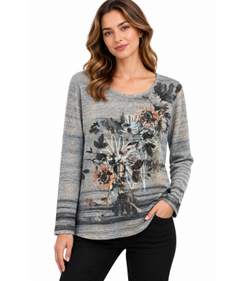 Women's Grey Multi Flower Watercolor Artistic Top  KJ26806