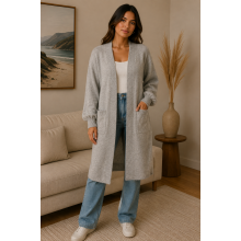 Women's Double Pocket Light Grey Open Front Sweater Cardigan KM26871