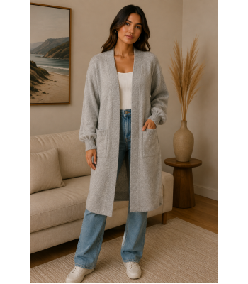 Women's Double Pocket Light Grey Open Front Sweater Cardigan KM26871