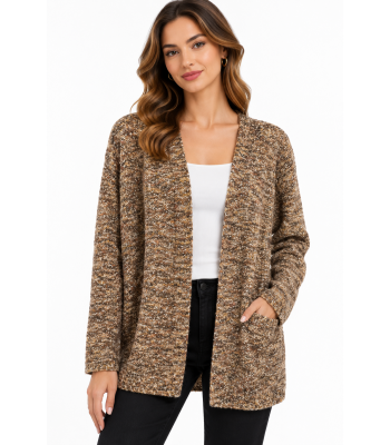Women's Brown Multi Open Front Golden Sweater Cardigan KM26876