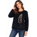 Women's Black on Golden Feather Round Neck Sweater Top KM26878