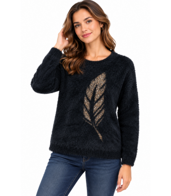 Women's Black on Golden Feather Round Neck Sweater Top KM26878