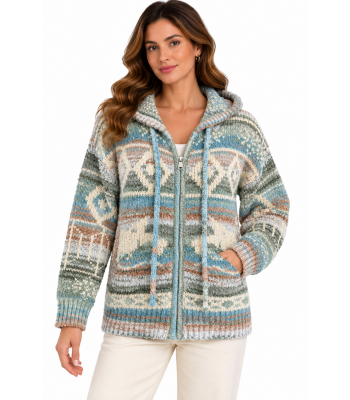 Women's Teal Multi Zip Hood Sweater Jacket KN26831