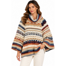 Women's Multi Color Diamond Cowl Neck Bell Sleeve Sweater Poncho  KN26835