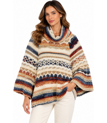 Women's Multi Color Diamond Cowl Neck Bell Sleeve Sweater Poncho  KN26835