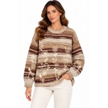 Women's Earth Tone Embroidery Round Neck Sweater Top  KN26839