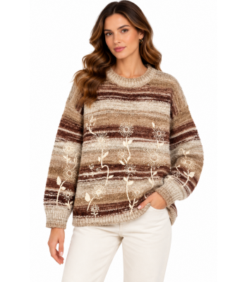 Women's Earth Tone Embroidery Round Neck Sweater Top  KN26839