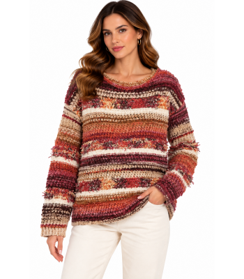 Women's Rust Ombre Fringe Round Neck Sweater Top  KN26841