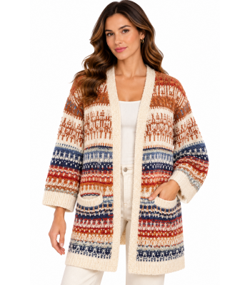 Women's Multi Blue and Rust Two Pocket Open Front Sweater Cardigan KN26843