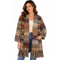 Women's Multi Rust Hem Fringe Open Front Long Cardigan KN26848