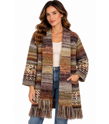 Women's Multi Rust Hem Fringe Open Front Long Cardigan KN26848