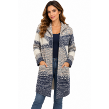 Women Blue Multi Patch X Stich Hooded Open Front  Cardigan KR25561