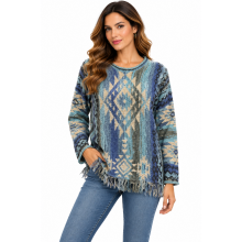 Women Blue Ocean Aztec Round Neck Sweater Top KR25563
