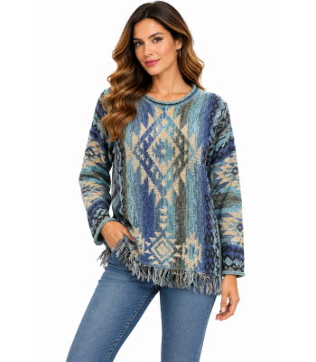 Women Blue Ocean Aztec Round Neck Sweater Top KR25563