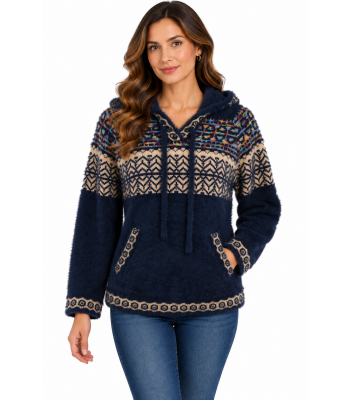 Women's Blue Multi Super Soft Hood Sweater Pullover KR26569